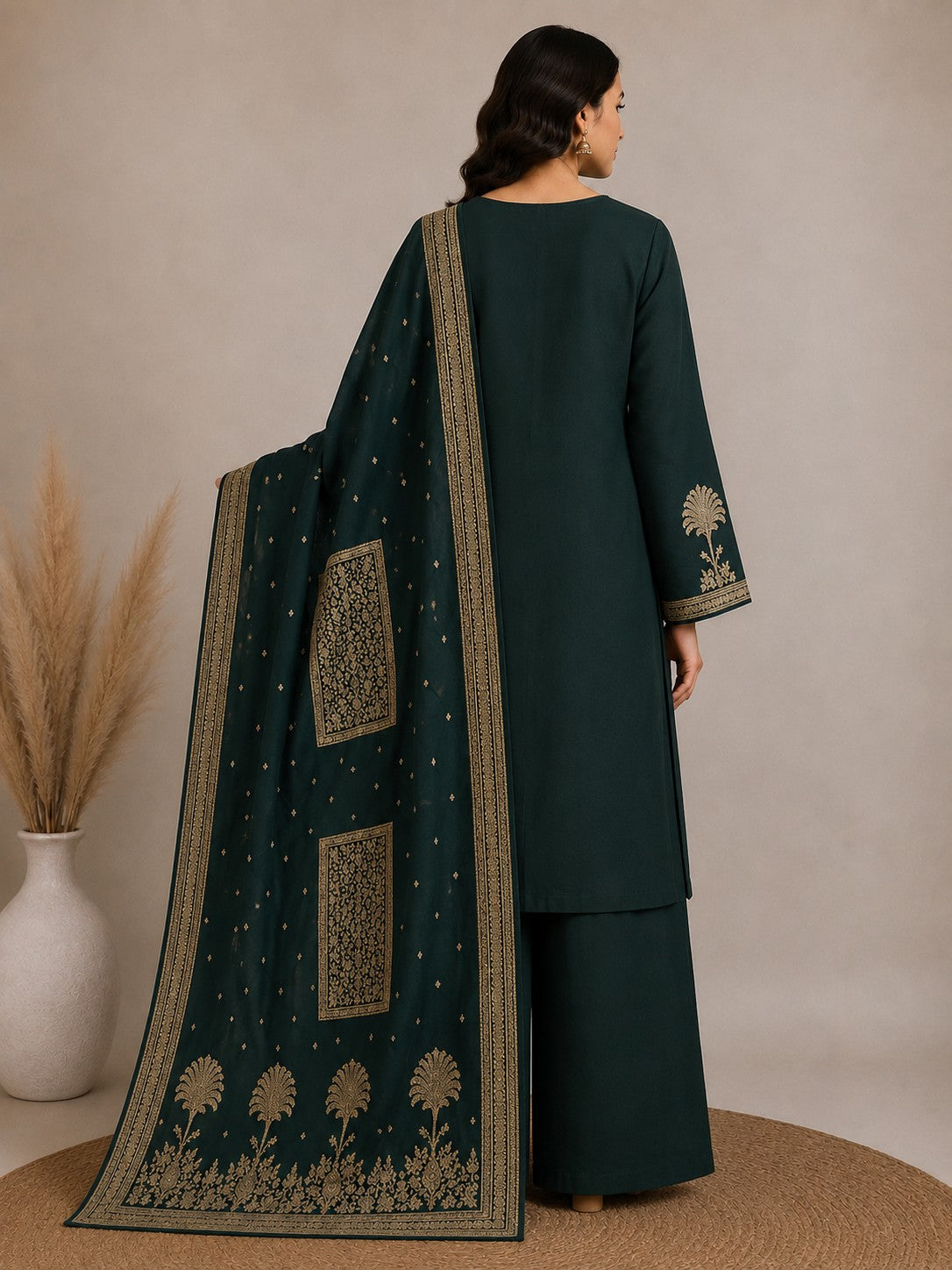 Bottle Green Jacquard Silk Unstitched Suit Material