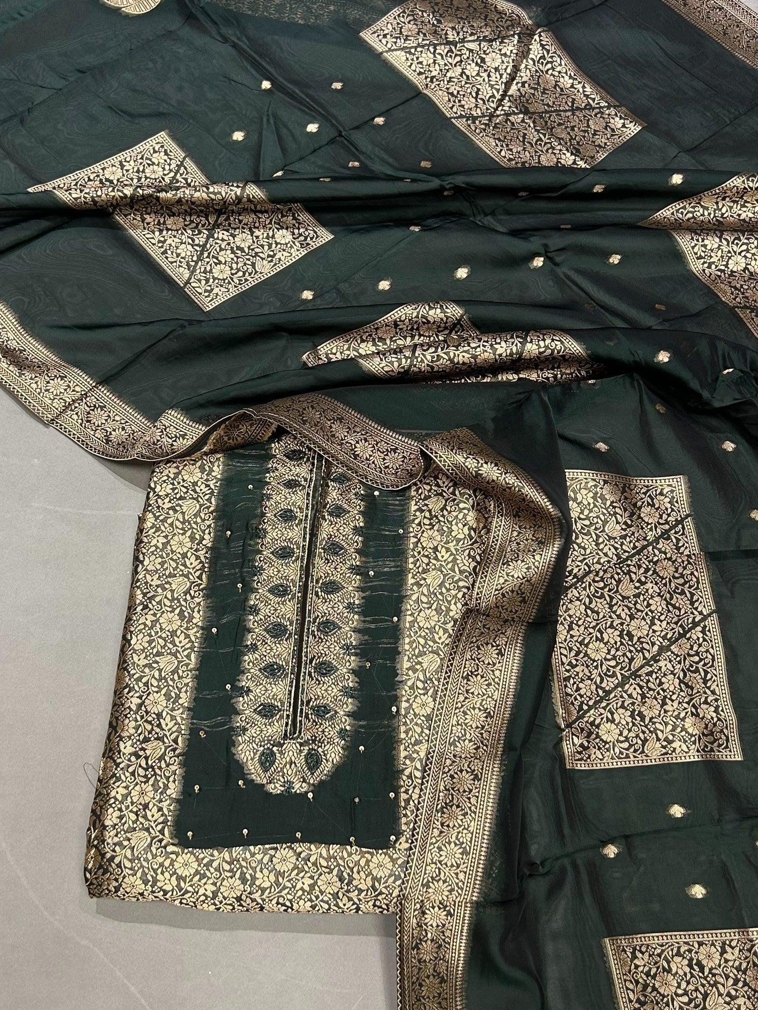 Bottle Green Jacquard Silk Unstitched Suit Material