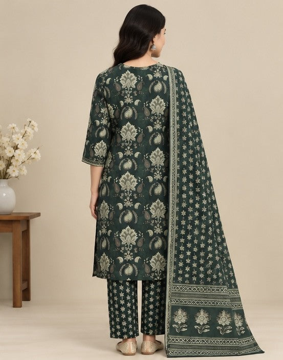Women’s Dark Green Cotton Printed Salwar Kurta Dupatta Set