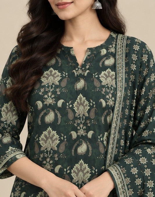 Women’s Dark Green Cotton Printed Salwar Kurta Dupatta Set