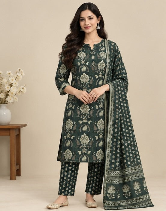 Women’s Dark Green Cotton Printed Salwar Kurta Dupatta Set
