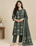 Women’s Dark Green Cotton Printed Salwar Kurta Dupatta Set