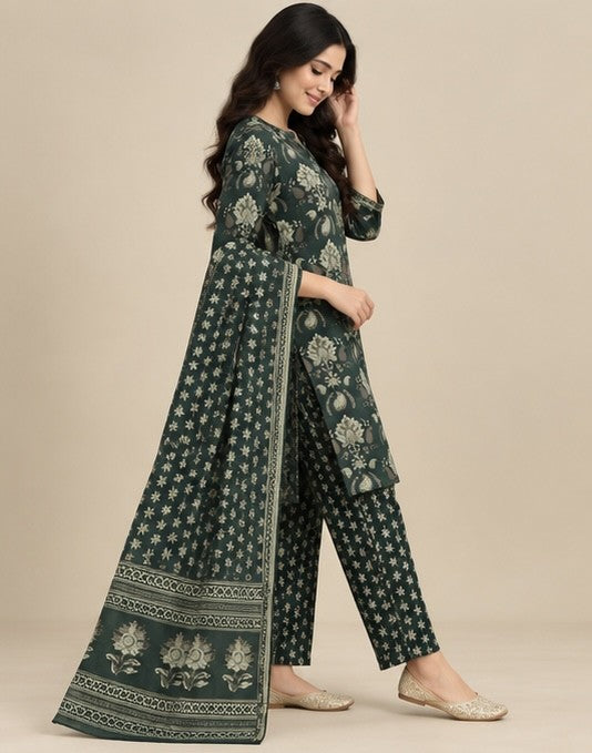 Women’s Dark Green Cotton Printed Salwar Kurta Dupatta Set