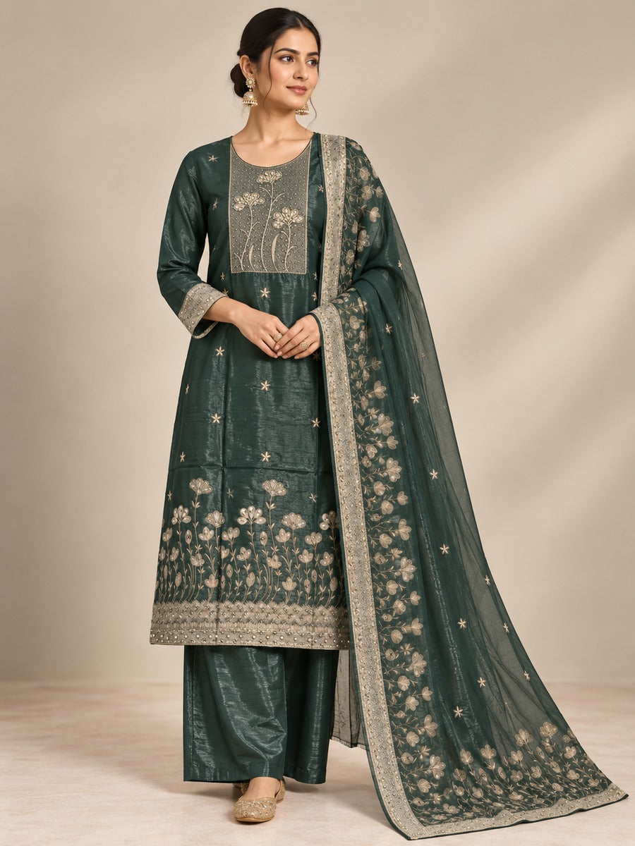 Silk Blend Floral Embroidered Unstitched Dress Material with Dupatta