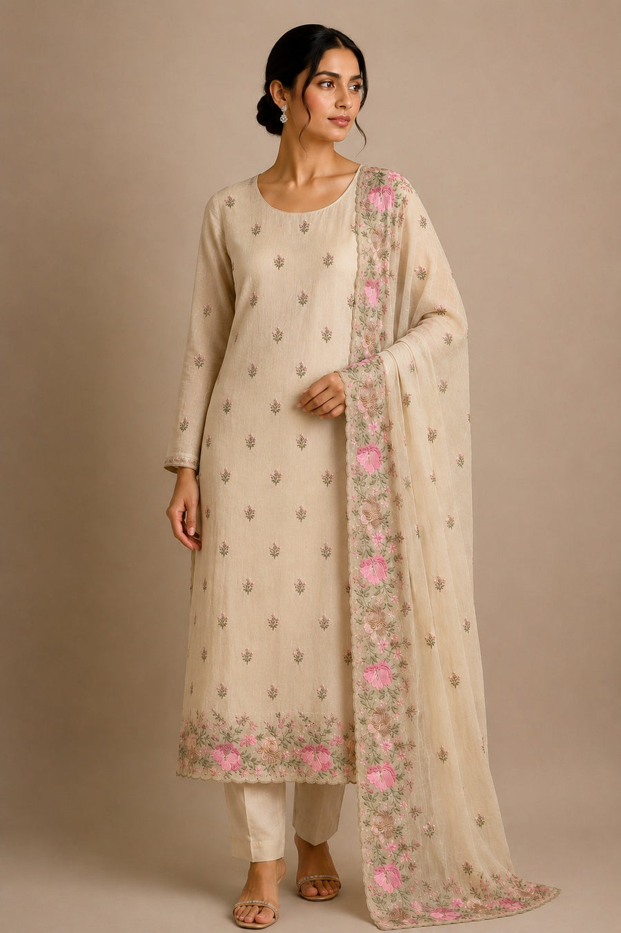 Beige Pink Dolamite Unstitched Dress Material with Floral Embroidery