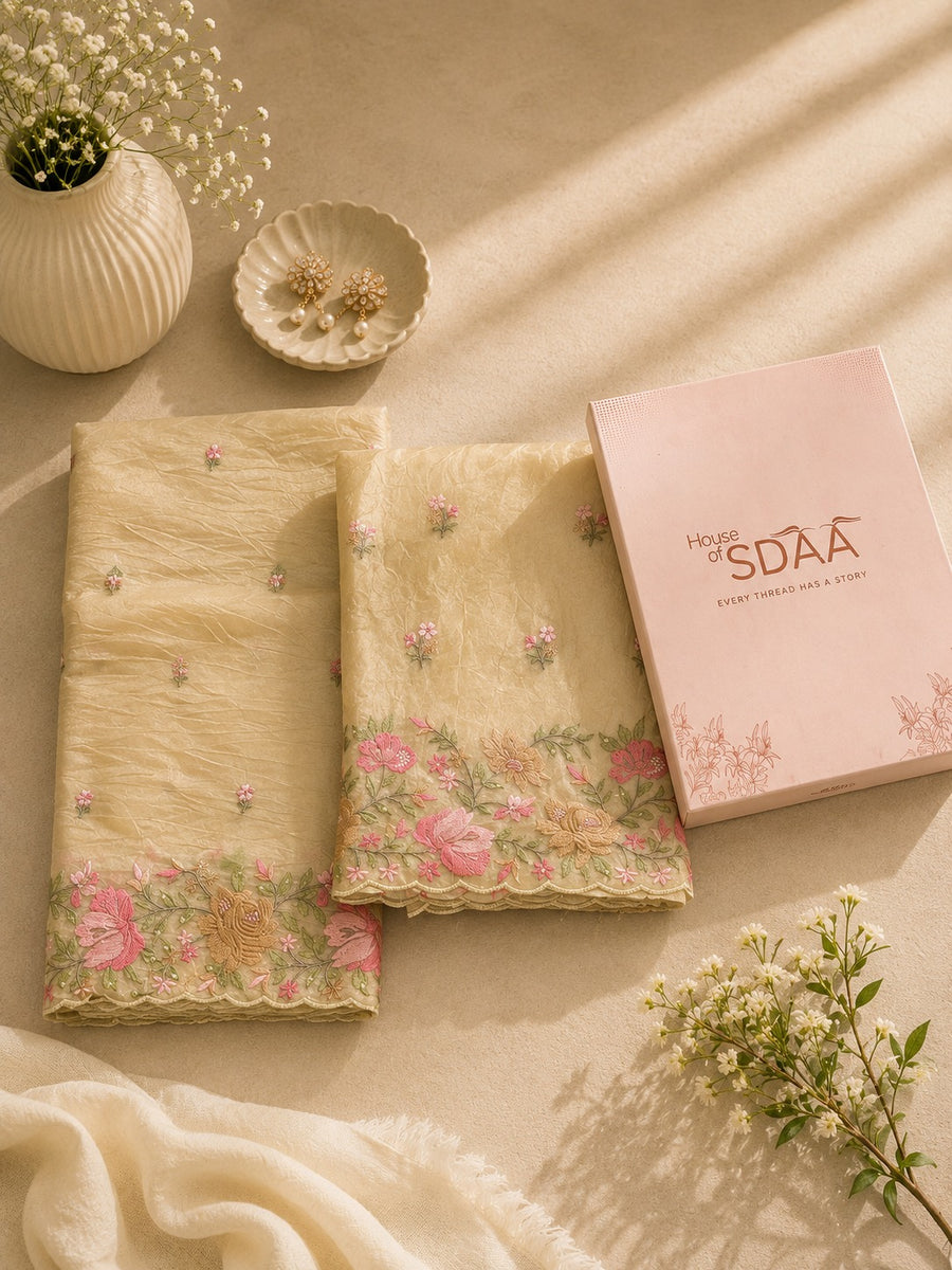 Beige Pink Dolamite Unstitched Dress Material with Floral Embroidery