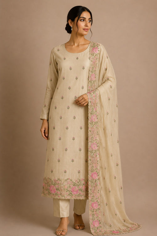 Beige Pink Dolamite Unstitched Dress Material with Floral Embroidery