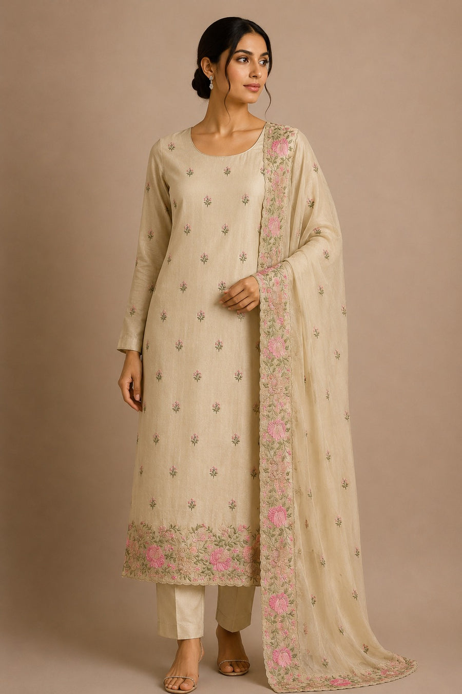 Beige Pink Dolamite Unstitched Dress Material with Floral Embroidery