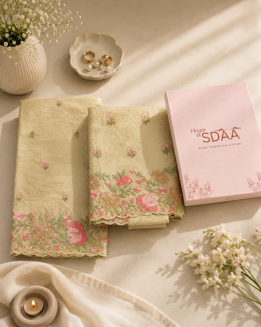 Beige Pink Dolamite Unstitched Dress Material with Floral Embroidery