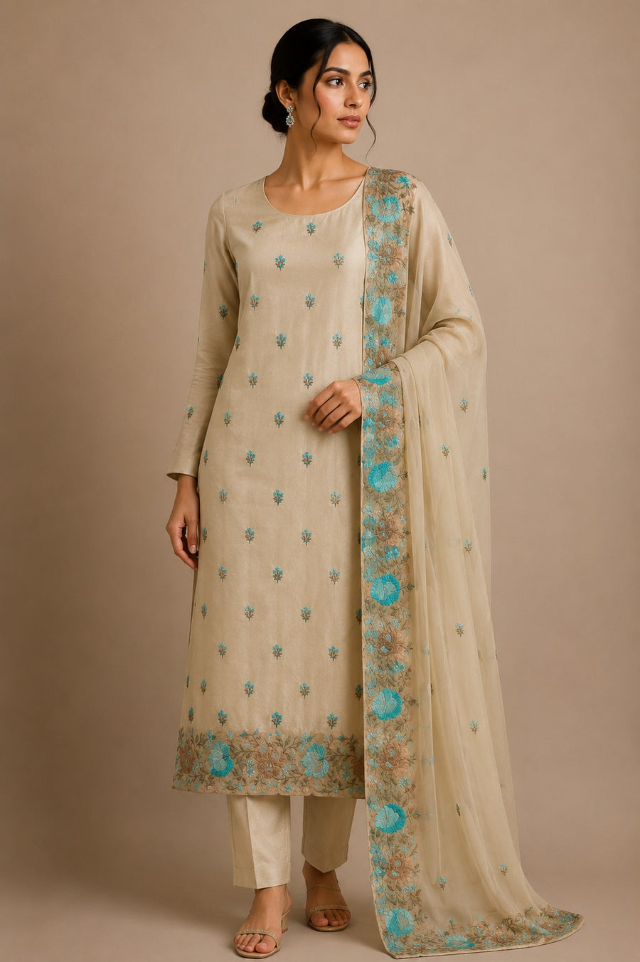 Beige Blue Dolamite Unstitched Dress Material with Floral Embroidery