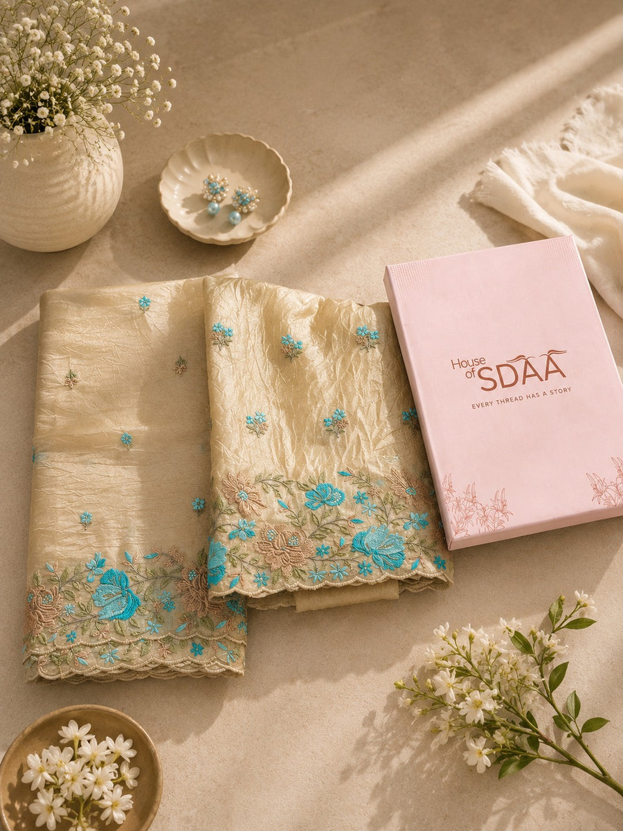 Beige Blue Dolamite Unstitched Dress Material with Floral Embroidery