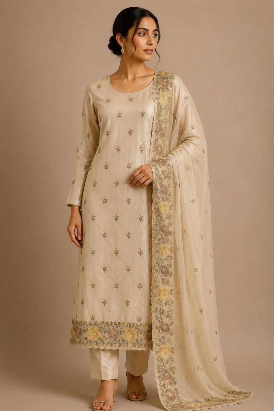Beige Yellow Dolamite Unstitched Dress Material with Floral Embroidery
