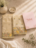 Beige Yellow Dolamite Unstitched Dress Material with Floral Embroidery