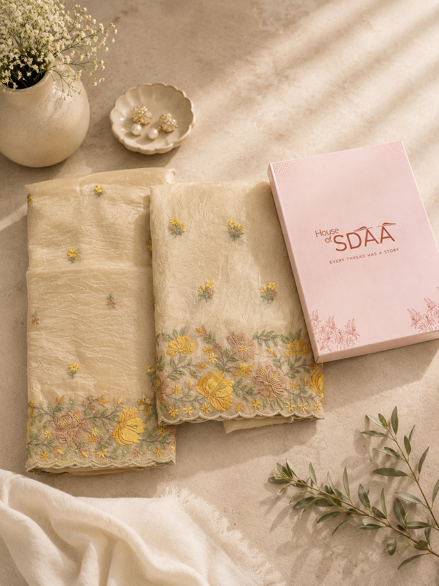 Beige Yellow Dolamite Unstitched Dress Material with Floral Embroidery