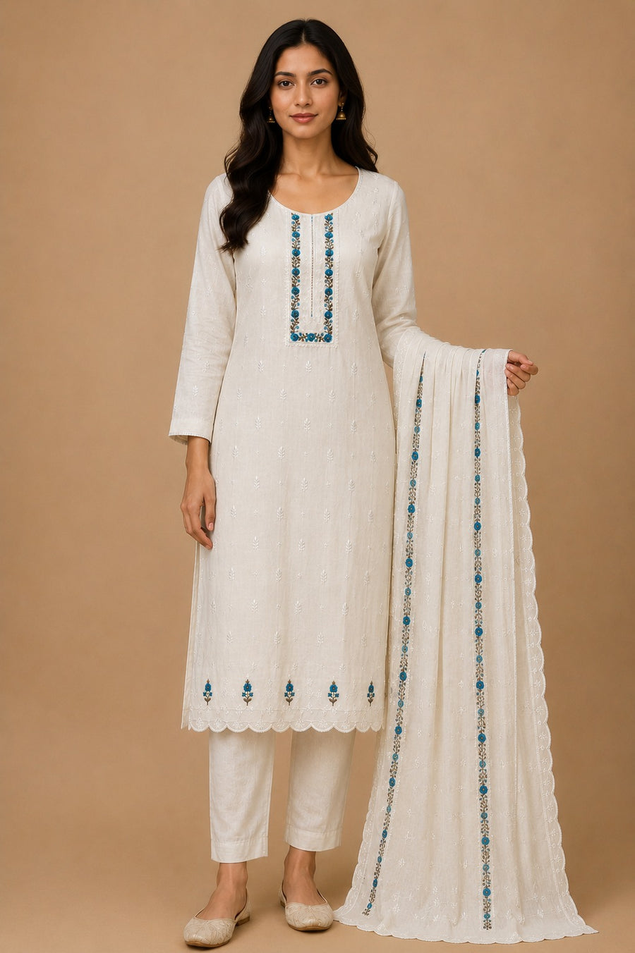 Beige Blue Mal Chanderi Unstitched Dress Material with Floral Embroidery
