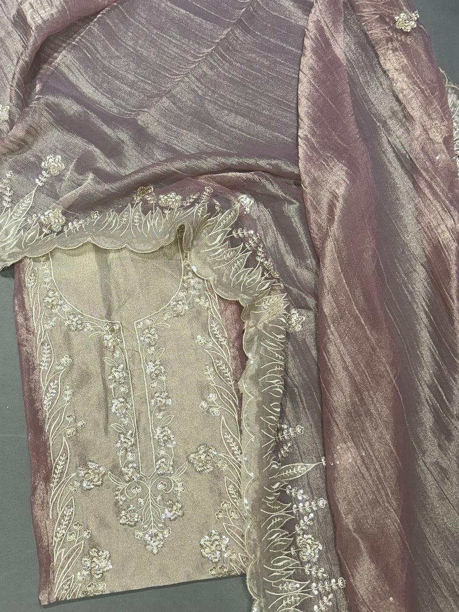 Lilac Embroidered Tissue Silk Unstitched Dress Material