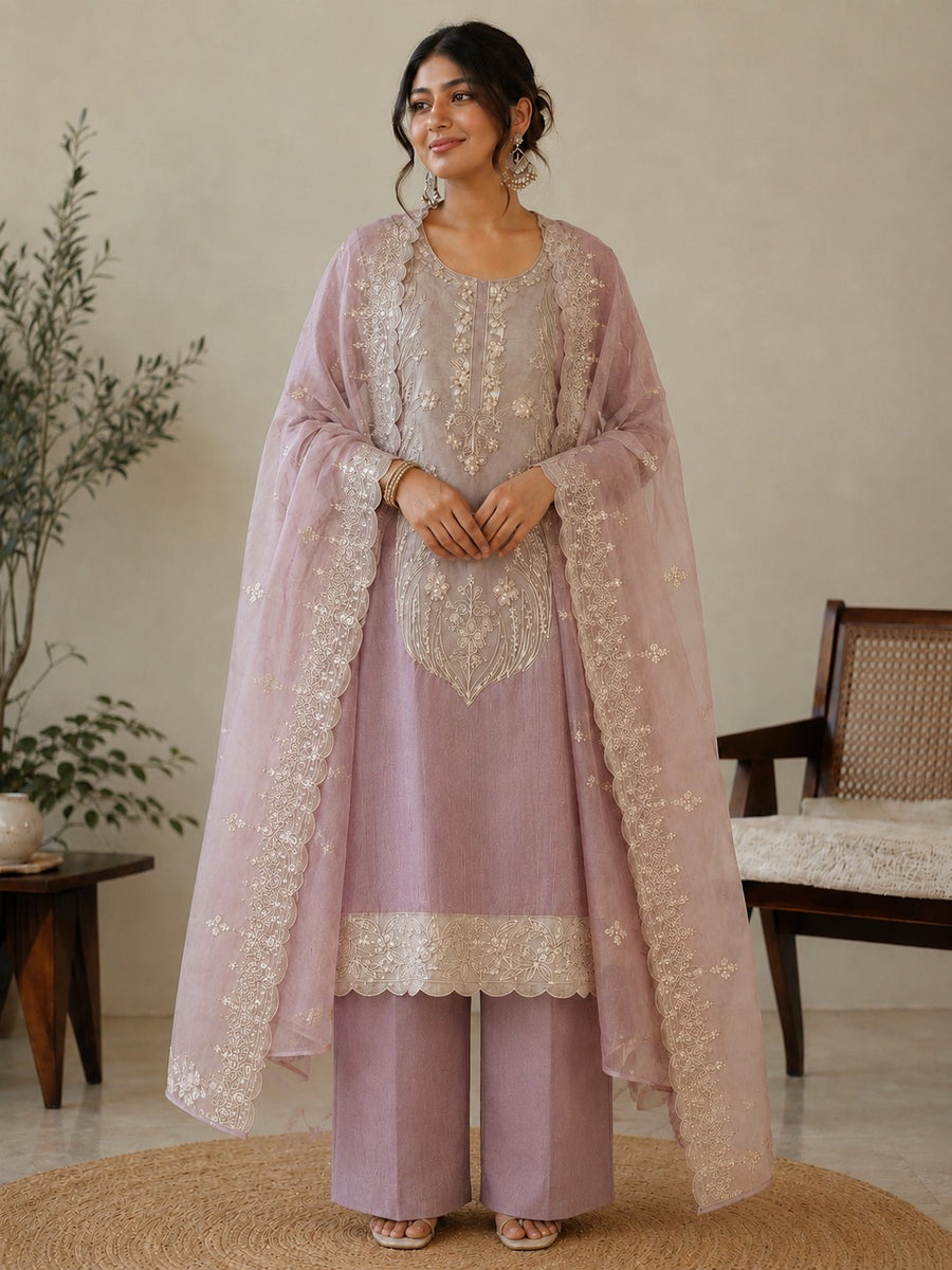 Lilac Embroidered Tissue Silk Unstitched Dress Material