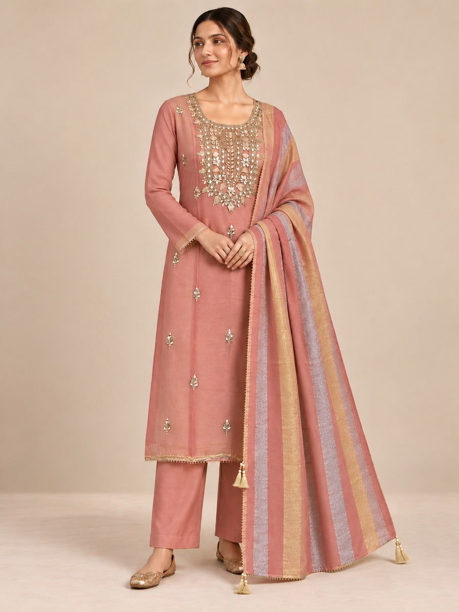 Tissue Silk Embroidered Unstitched Dress Material with Dupatta