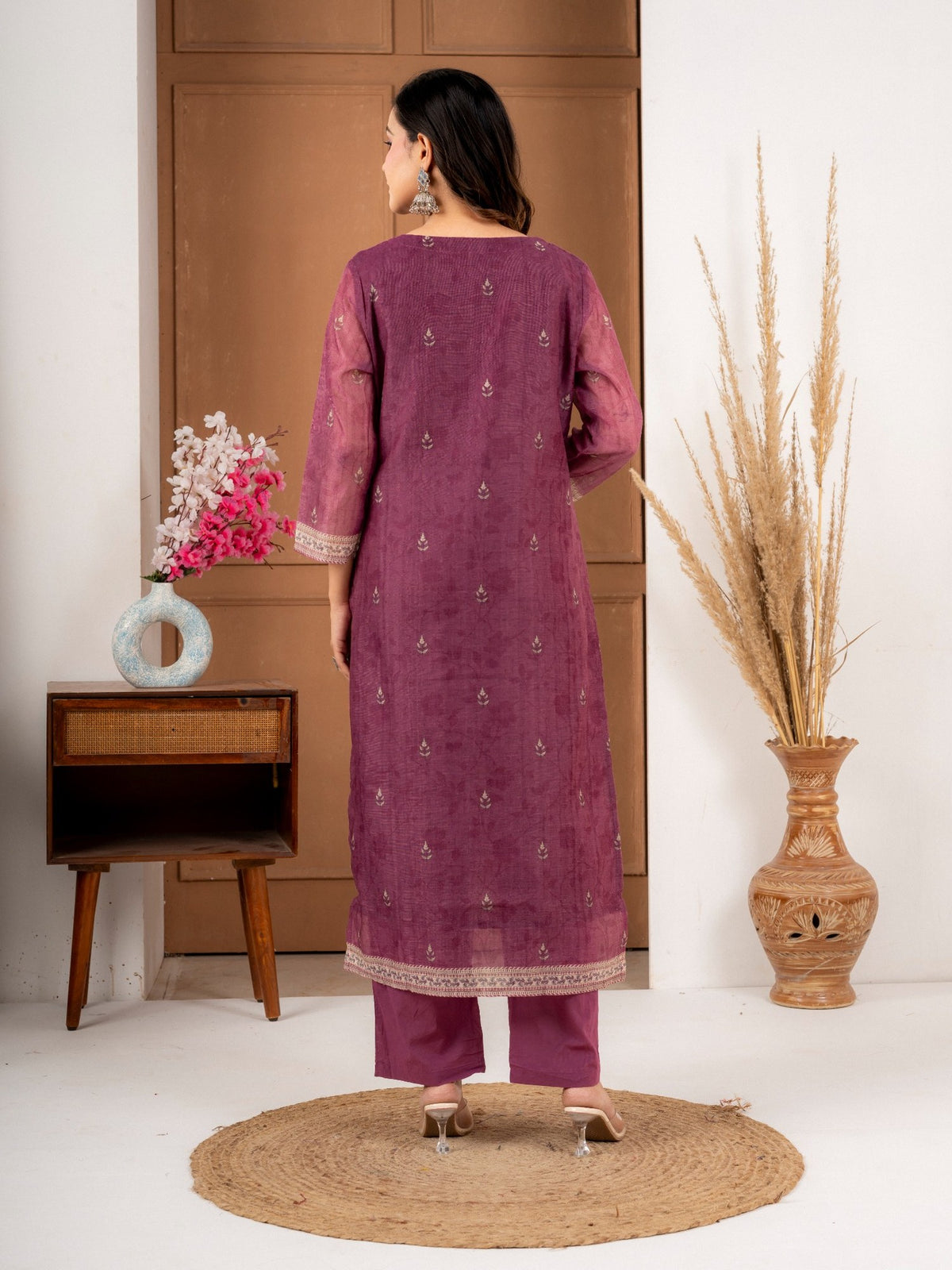 Dusty Plum Chanderi Silk Suit Set with Printed Dupatta