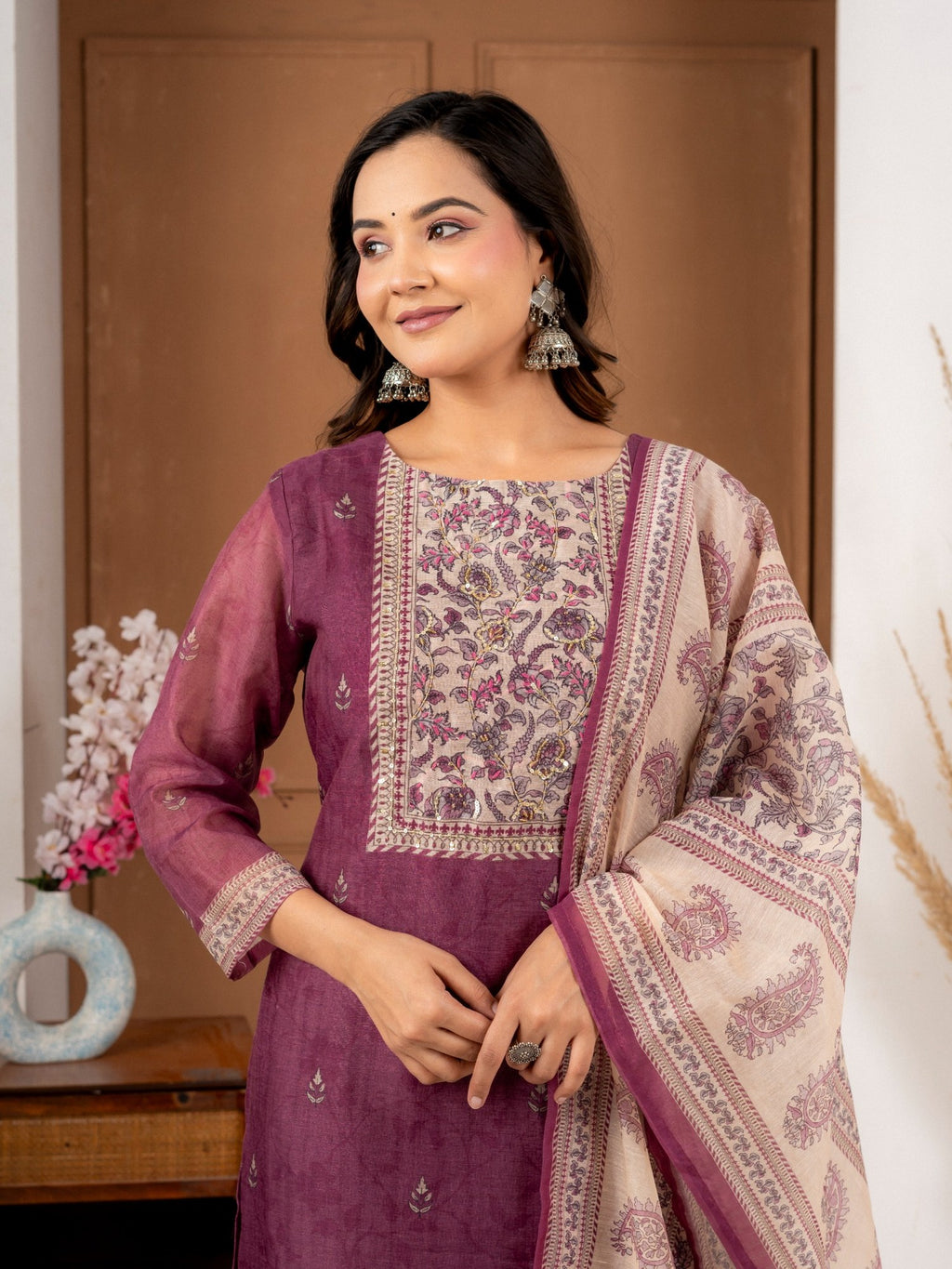 Dusty Plum Chanderi Silk Suit Set with Printed Dupatta