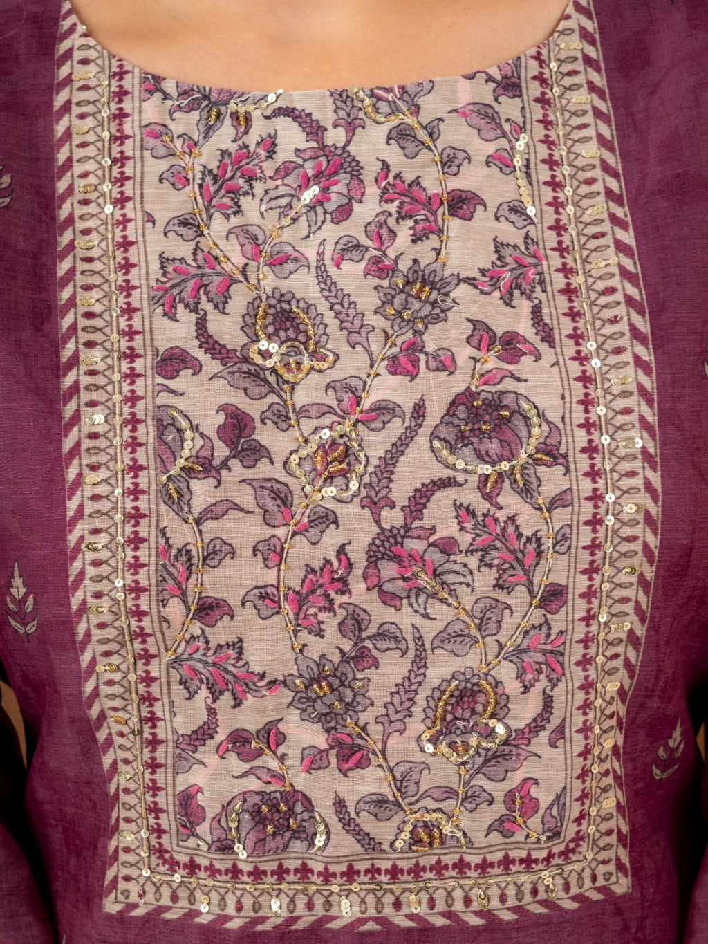 Dusty Plum Chanderi Silk Suit Set with Printed Dupatta
