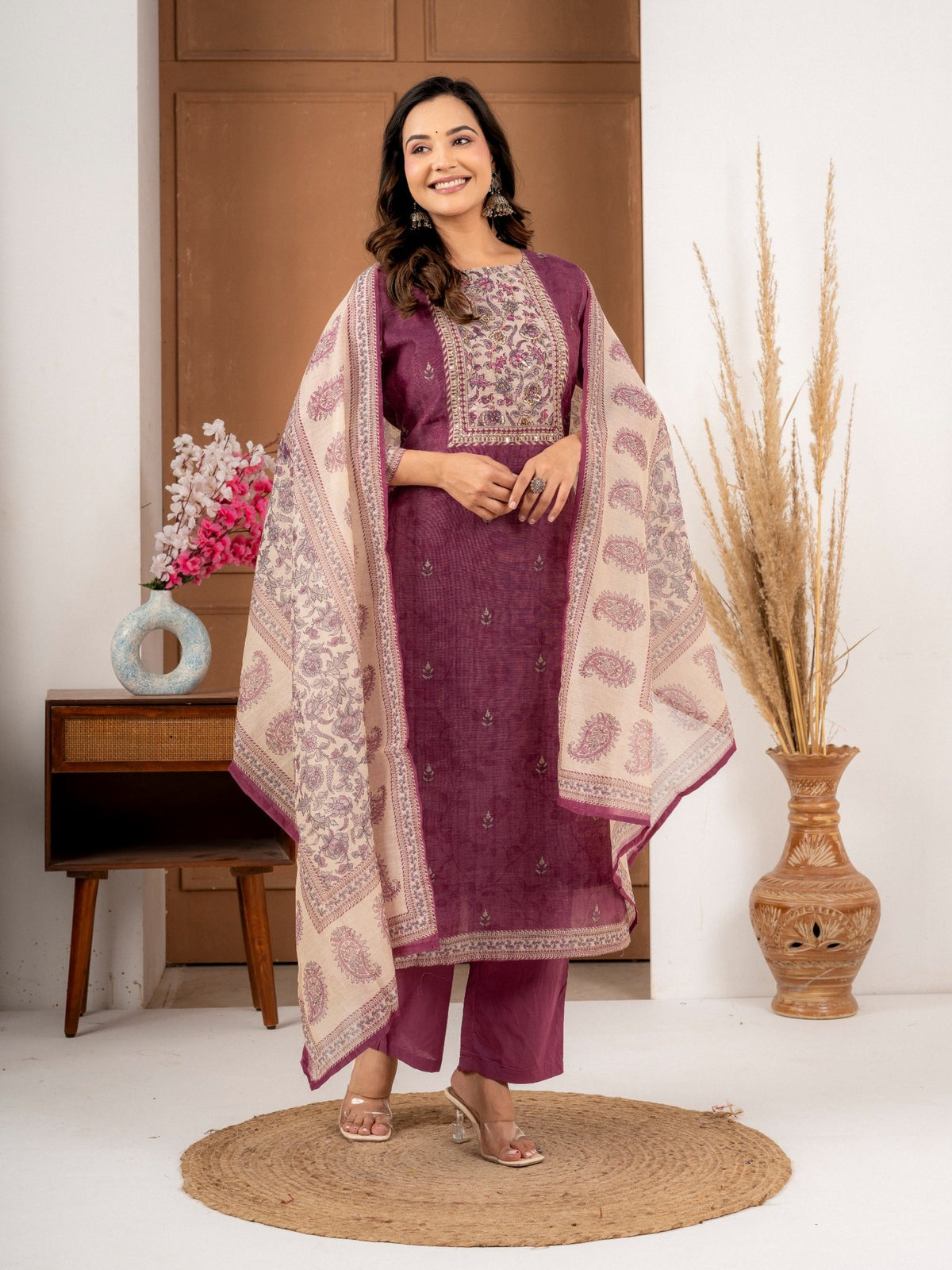 Dusty Plum Chanderi Silk Suit Set with Printed Dupatta