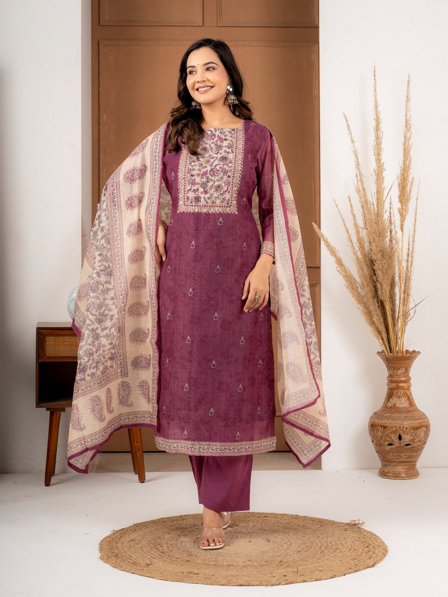 Dusty Plum Chanderi Silk Suit Set with Printed Dupatta