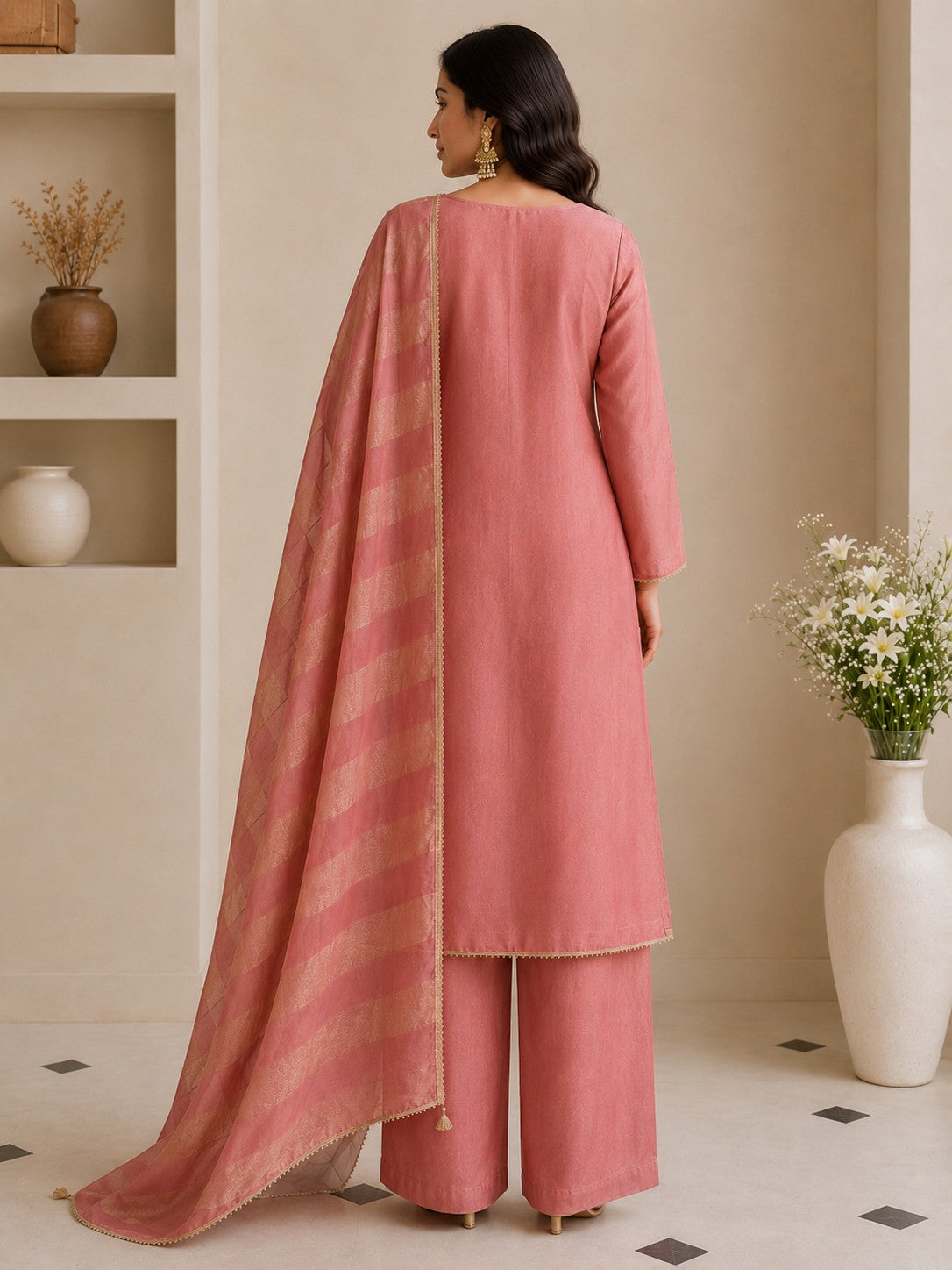 Blush Pink Tissue Silk Unstitched Dress Material