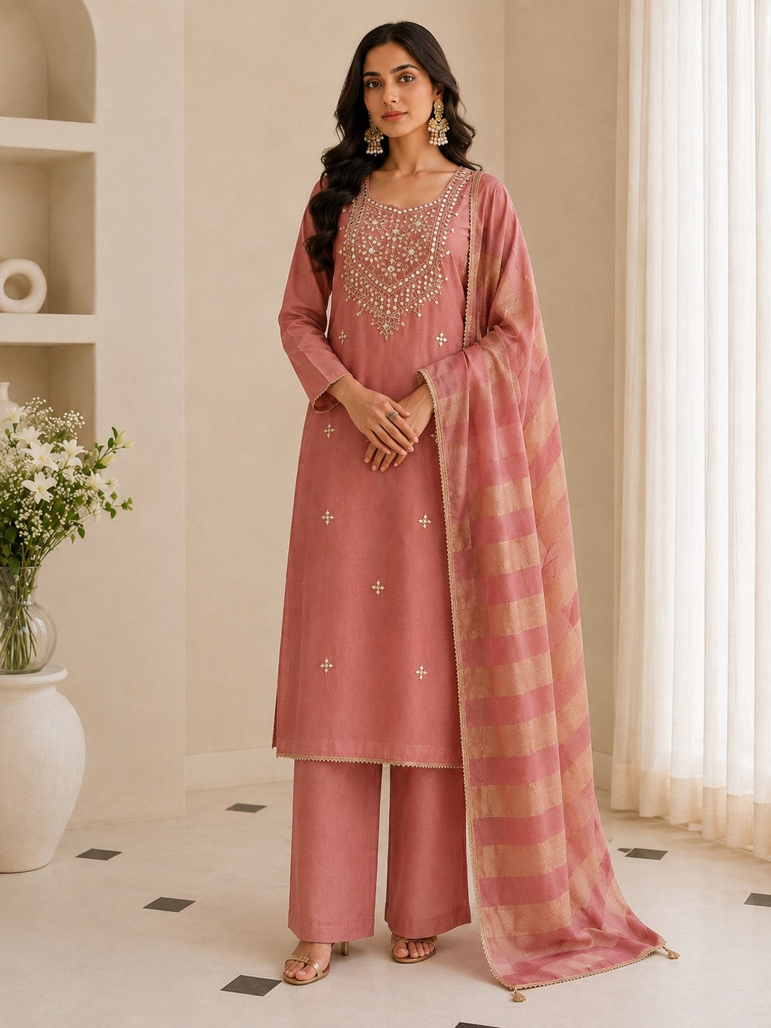 Blush Pink Tissue Silk Unstitched Dress Material