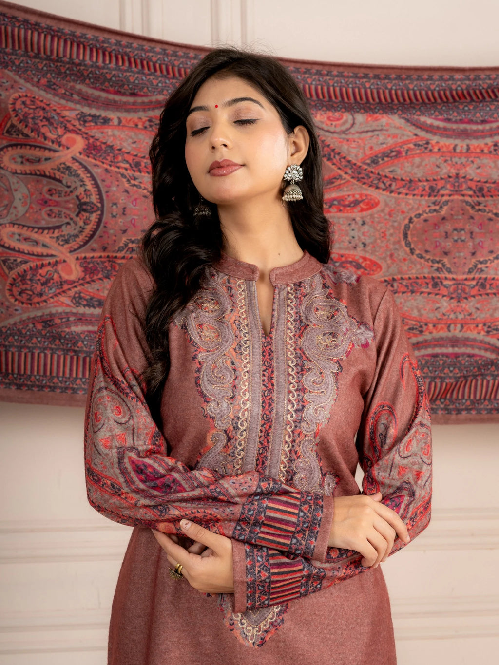 Fawn Printed Wool Blend Suit Set with Paisley Dupatta