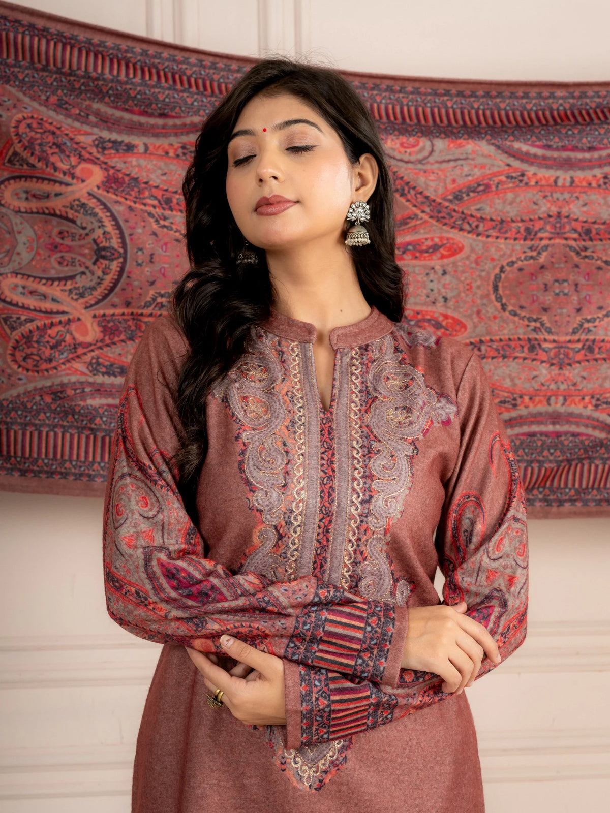 Fawn Printed Wool Blend Suit Set with Paisley Dupatta
