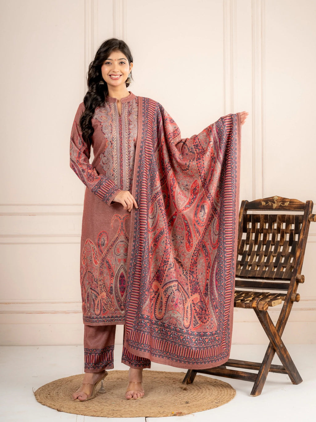 Fawn Printed Wool Blend Suit Set with Paisley Dupatta