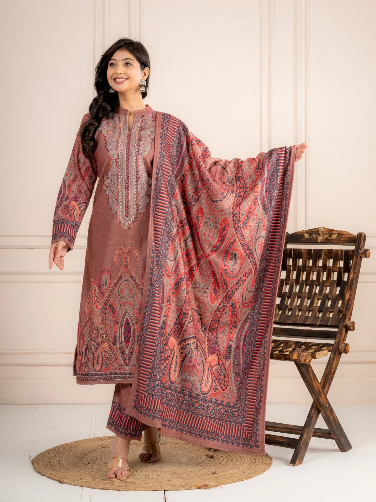 Fawn Printed Wool Blend Suit Set with Paisley Dupatta