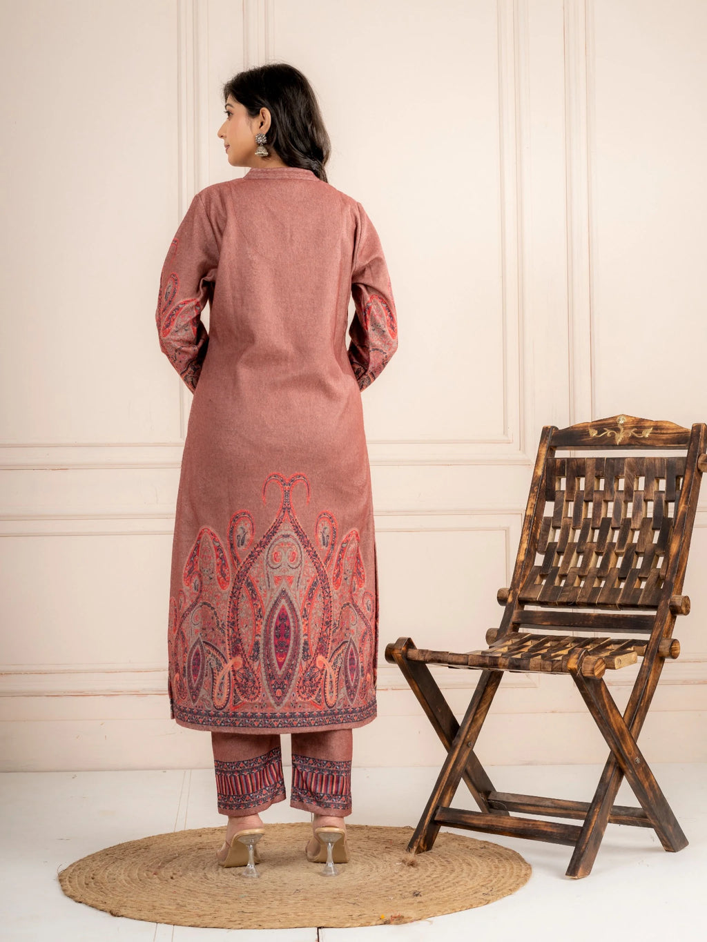 Fawn Printed Wool Blend Suit Set with Paisley Dupatta