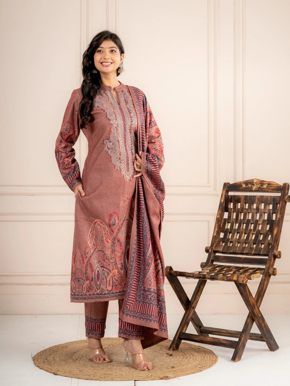 Fawn Printed Wool Blend Suit Set with Paisley Dupatta