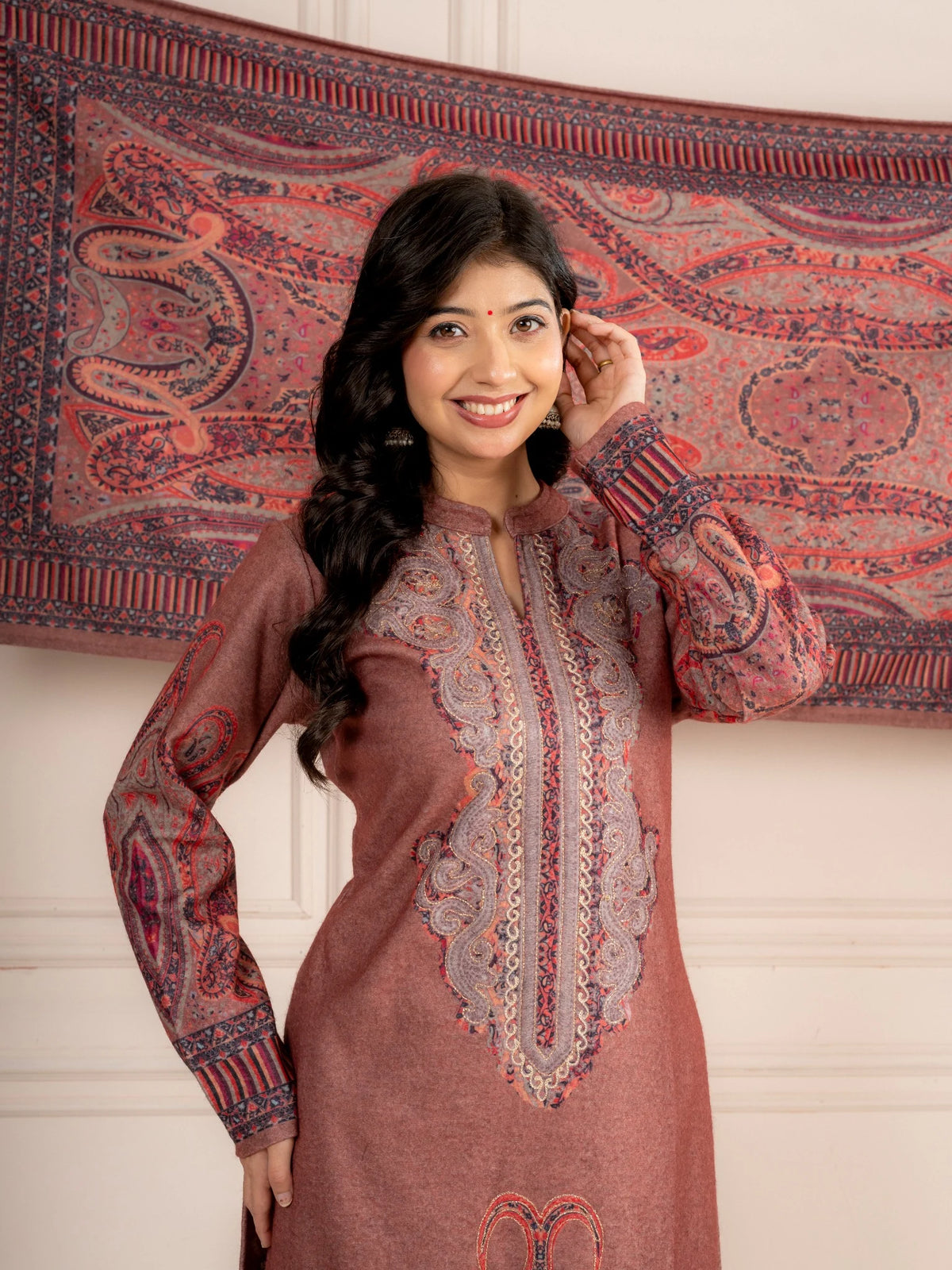 Fawn Printed Wool Blend Suit Set with Paisley Dupatta