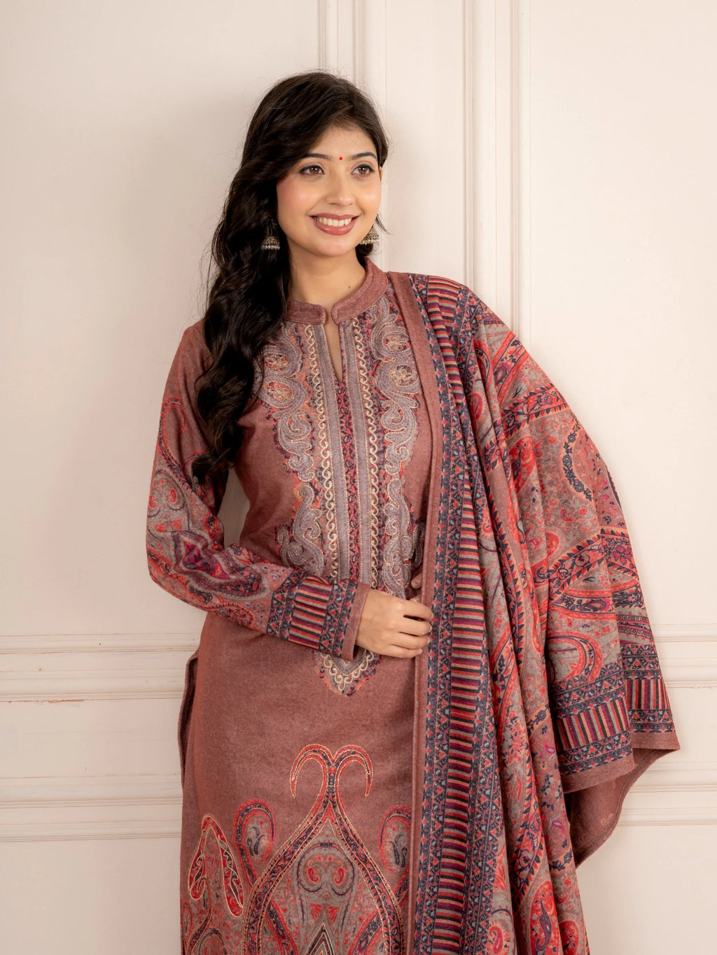Fawn Printed Wool Blend Suit Set with Paisley Dupatta