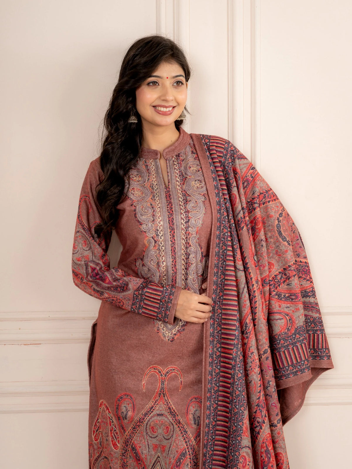 Fawn Printed Wool Blend Suit Set with Paisley Dupatta