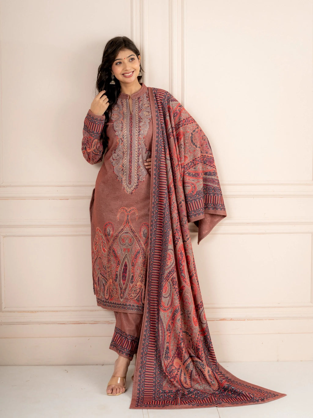 Fawn Printed Wool Blend Suit Set with Paisley Dupatta