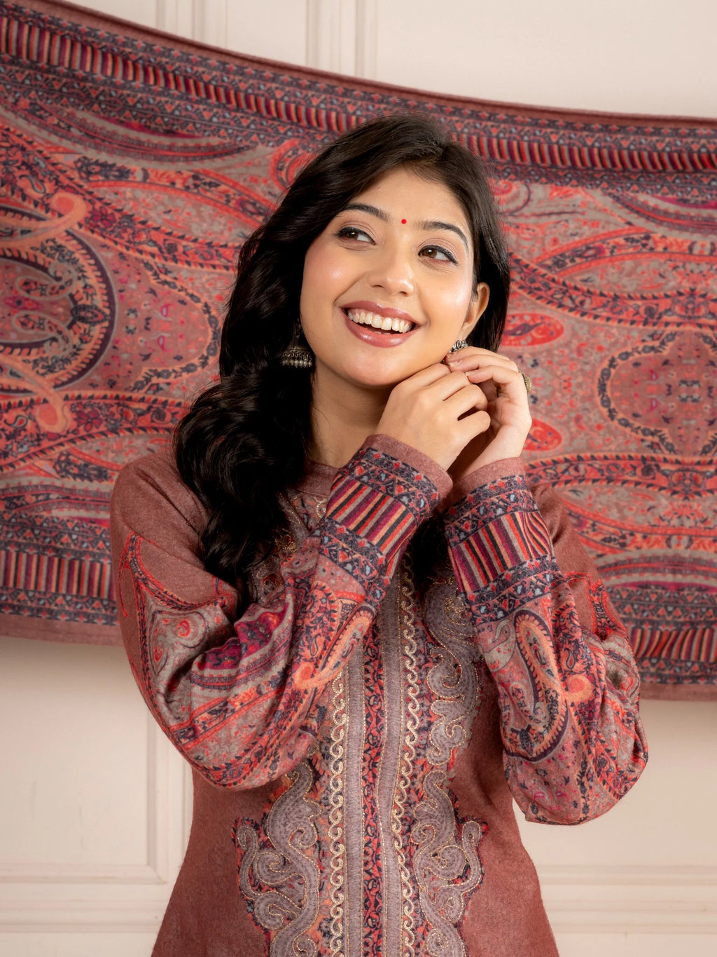 Fawn Printed Wool Blend Suit Set with Paisley Dupatta
