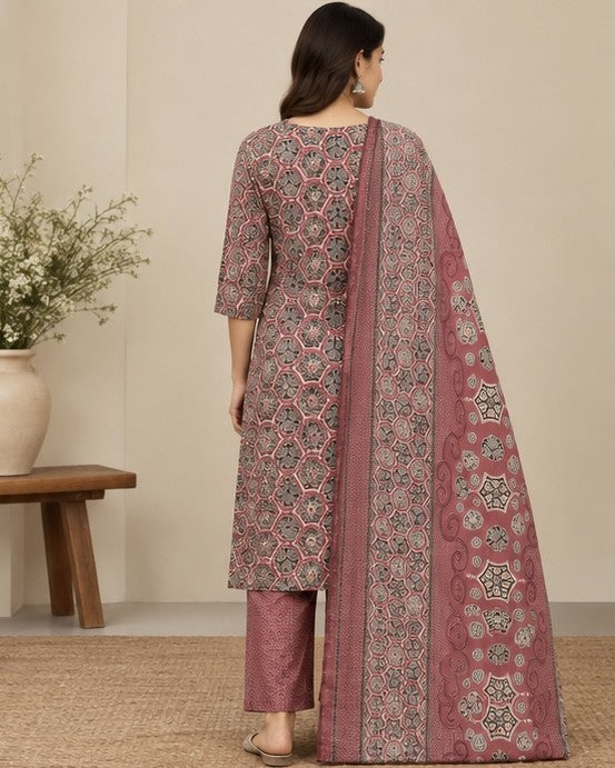 Dusty Rose Printed Salwar Kurta Dupatta Set