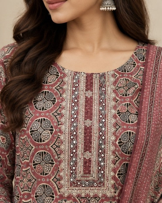 Dusty Rose Printed Salwar Kurta Dupatta Set