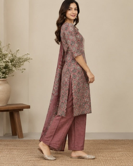 Dusty Rose Printed Salwar Kurta Dupatta Set