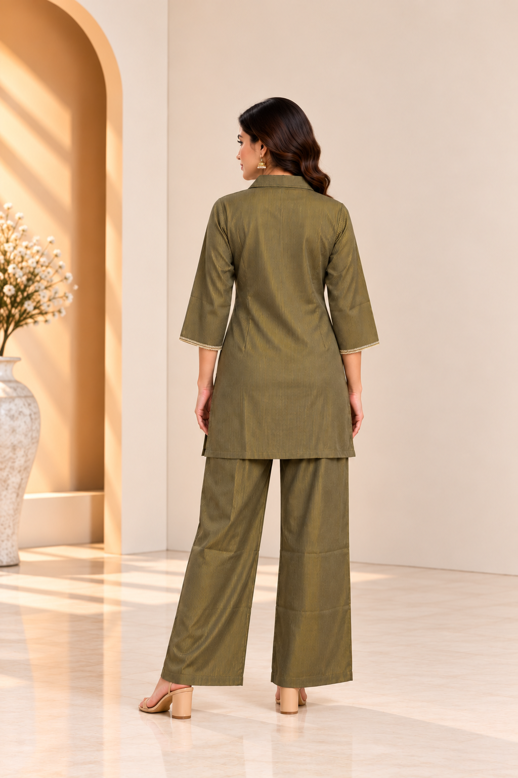 Olive Green Silk Blend Embellished Co-Ord Set for Women