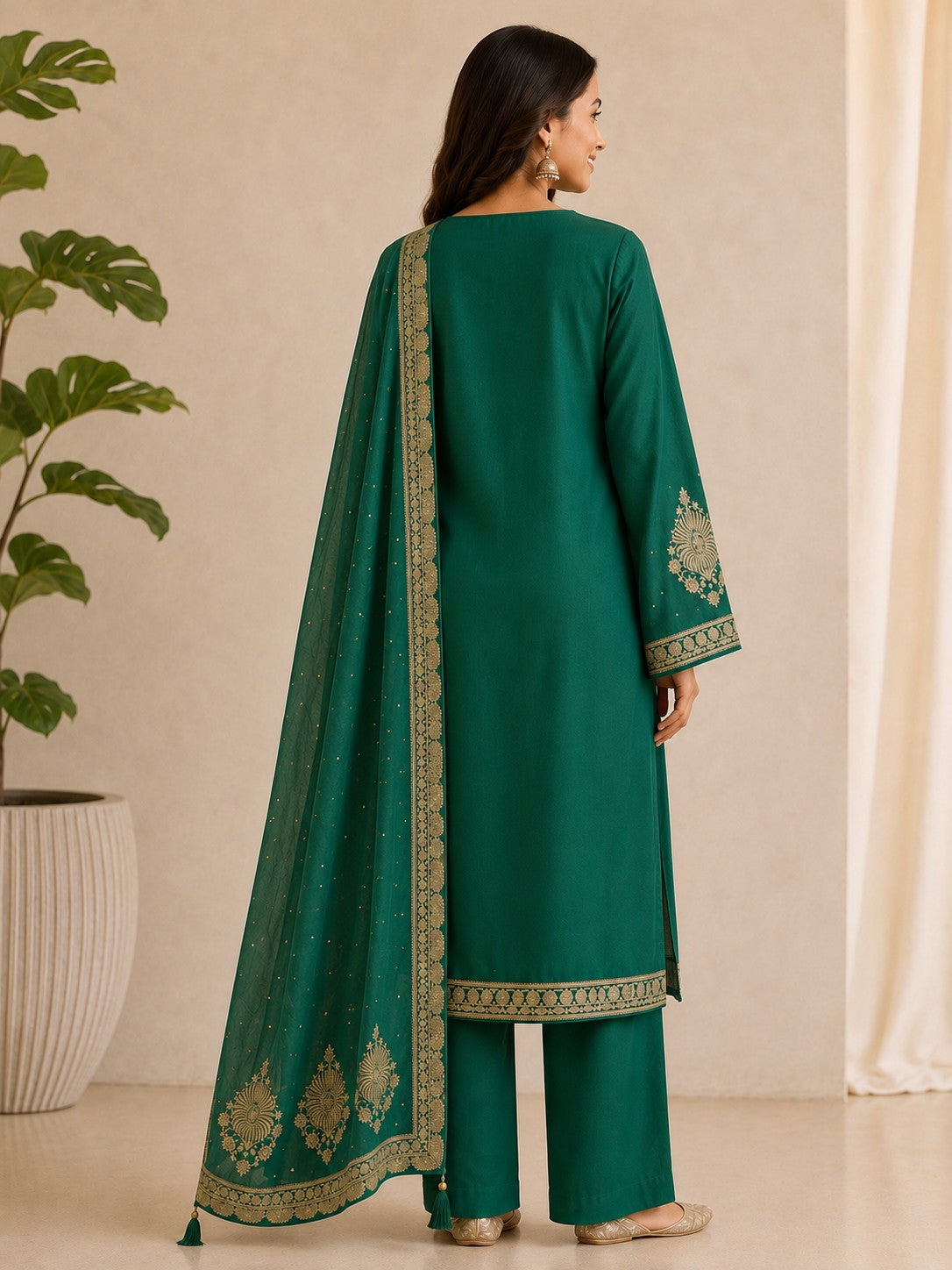 Emerald Green Silk Blend Unstitched Dress Material