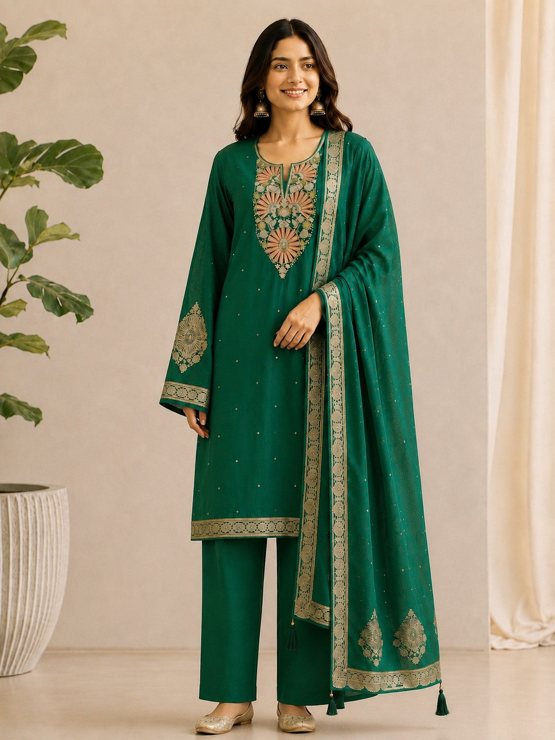 Emerald Green Silk Blend Unstitched Dress Material