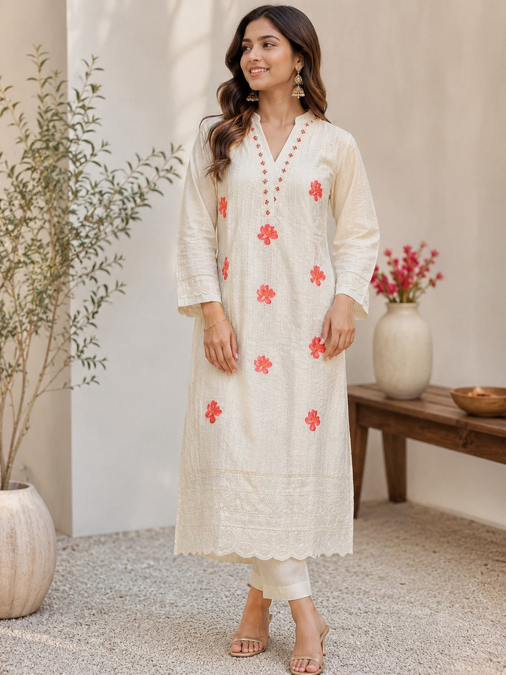 Off White Cotton Embroidered Straight Suit Set with Floral Dupatta