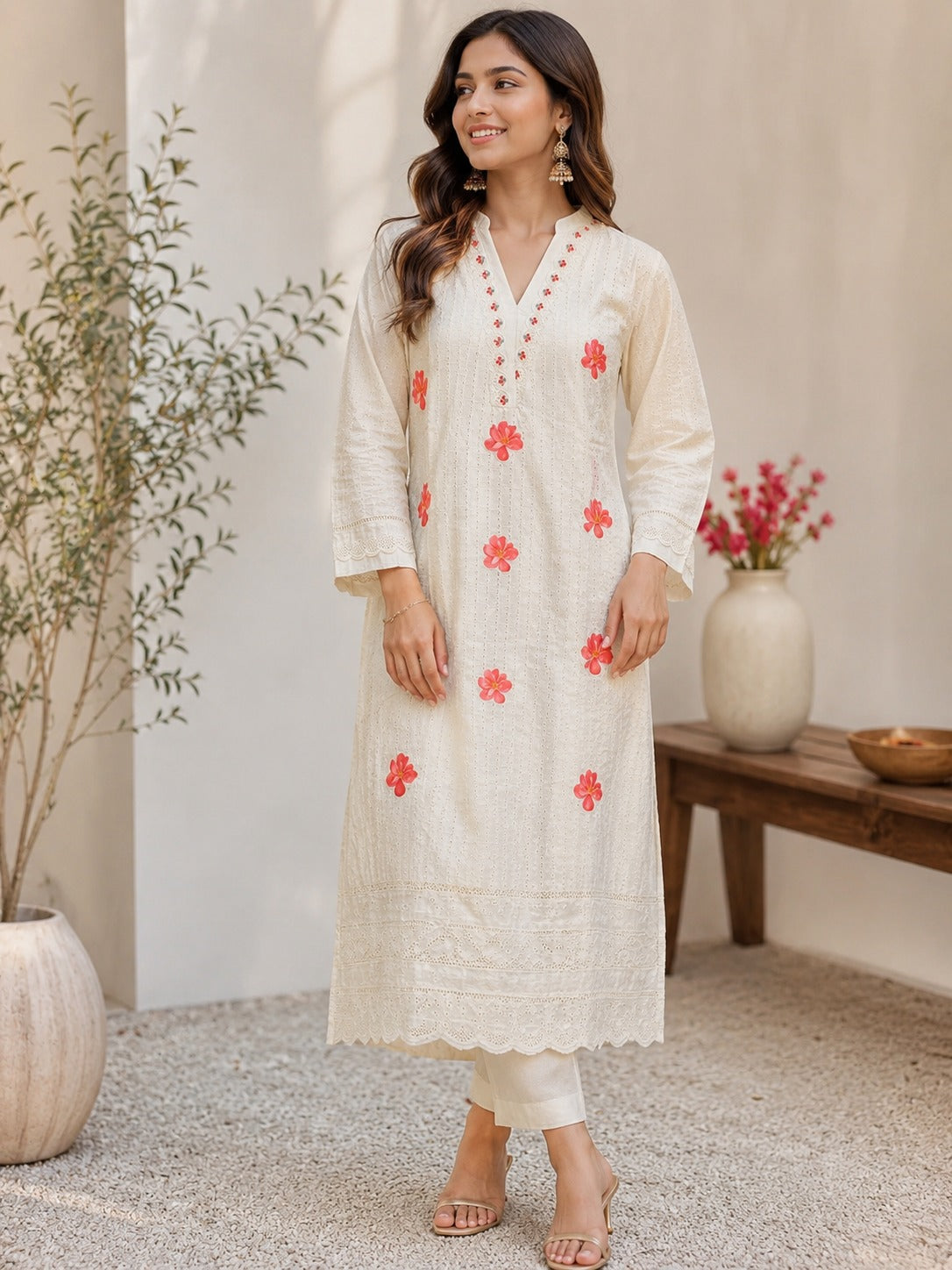Off White Cotton Embroidered Straight Suit Set with Floral Dupatta