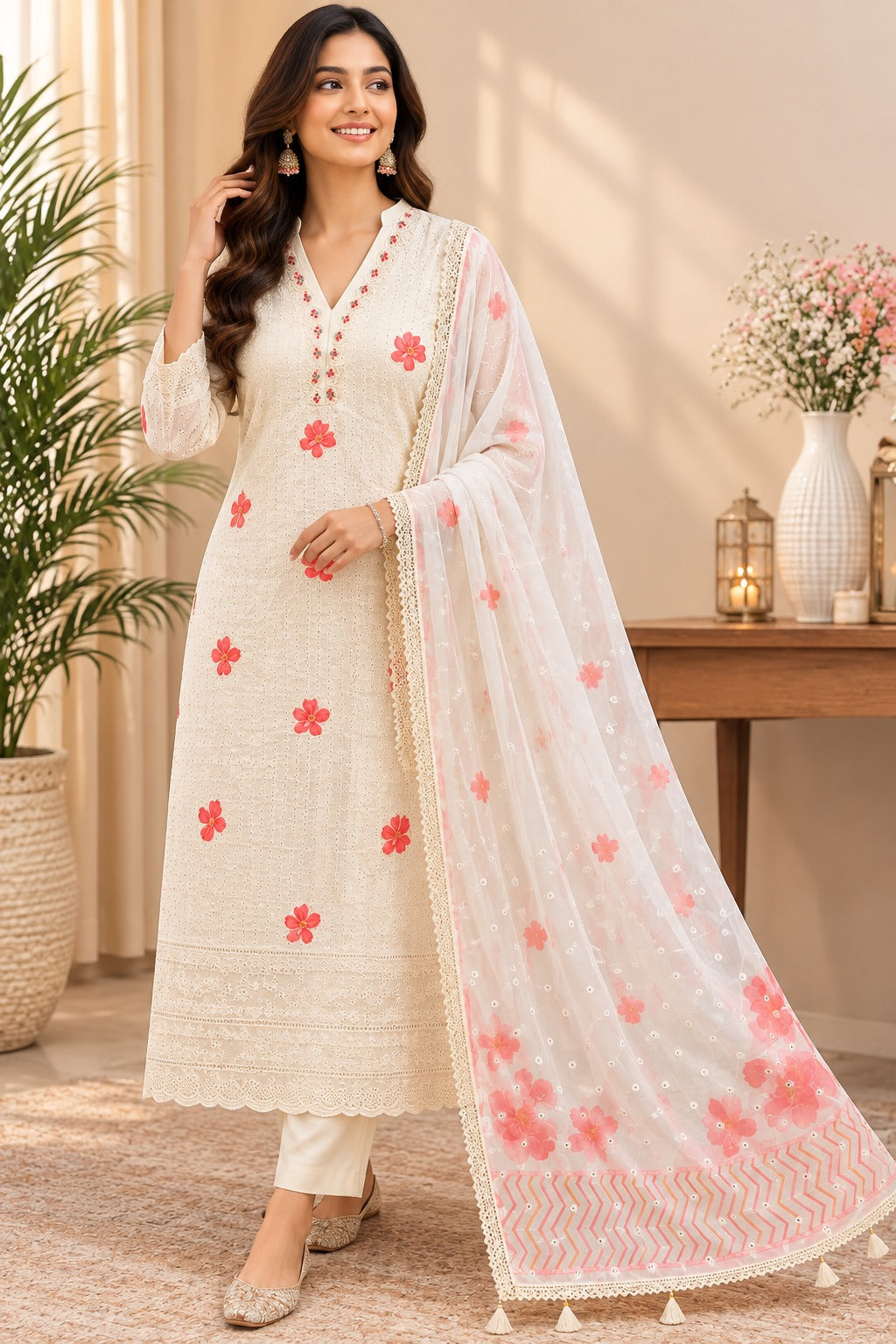 Off White Cotton Embroidered Straight Suit Set with Floral Dupatta