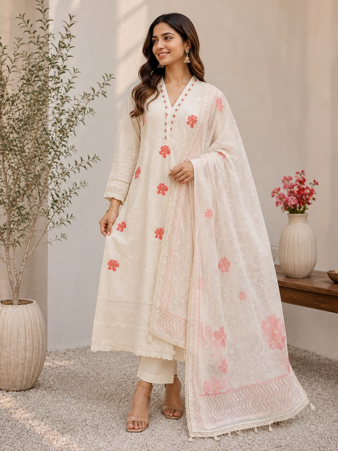 Off White Cotton Embroidered Straight Suit Set with Floral Dupatta